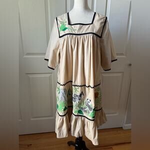 Go Softly Safari Embroidered Patio Dress Animal Kaftan Cotton Tan Size L Resort